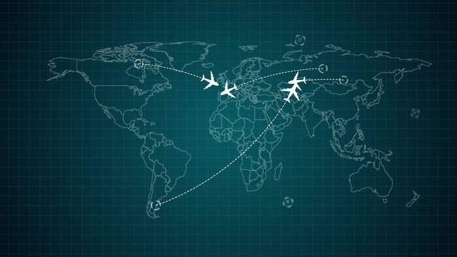Blue glowing map of the world with flat animated airplanes and flight trajectories. Lot or arcs and lines, connecting points. Global air travel or business concept. Seamless loop with alpha channel.