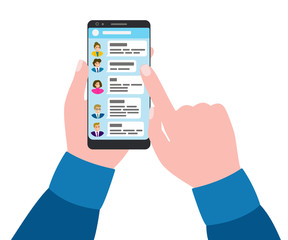 In hands of smartphone with chat application. Communication, discussion, conversation in short messages. Exchange of opinions online. Vector illustration on white background.