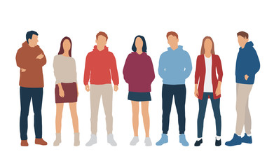 Set of men and women, different colors, cartoon character, group of silhouettes standing business people, flat icon design concept isolated on white background