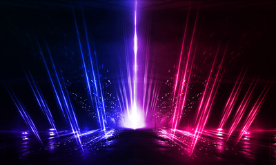 Background of empty show scene. Empty dark modern abstract neon background. Glow of neon lights on...