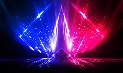 Background of empty show scene. Empty dark modern abstract neon background. Glow of neon lights on...