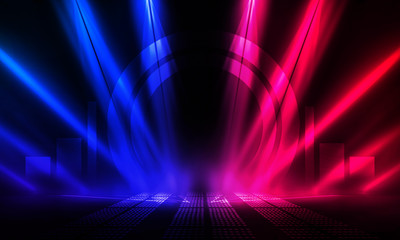 Background of empty show scene. Empty dark modern abstract neon background. Glow of neon lights on...