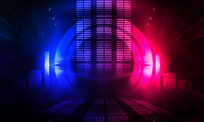Background of empty show scene. Empty dark modern abstract neon background. Glow of neon lights on...