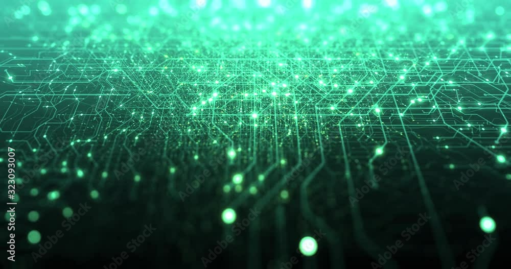 Poster abstract tech background made of printed circuit board. depth of field effect and bokeh. internet co