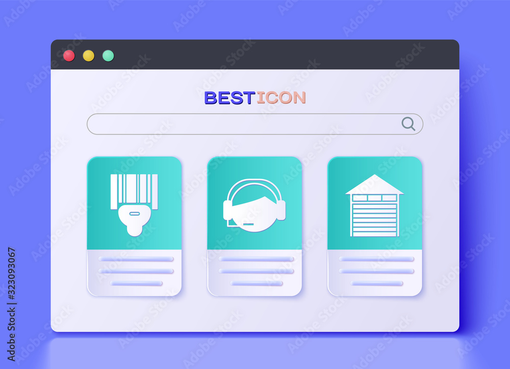 Poster set support operator in touch, scanner scanning bar code and closed warehouse icon. vector