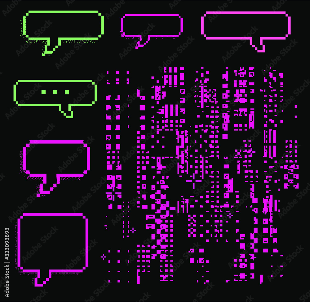 Poster Set of different stickers: stars and sparkles, speech bubbles with text in pixel art 8-bit webpunk style.