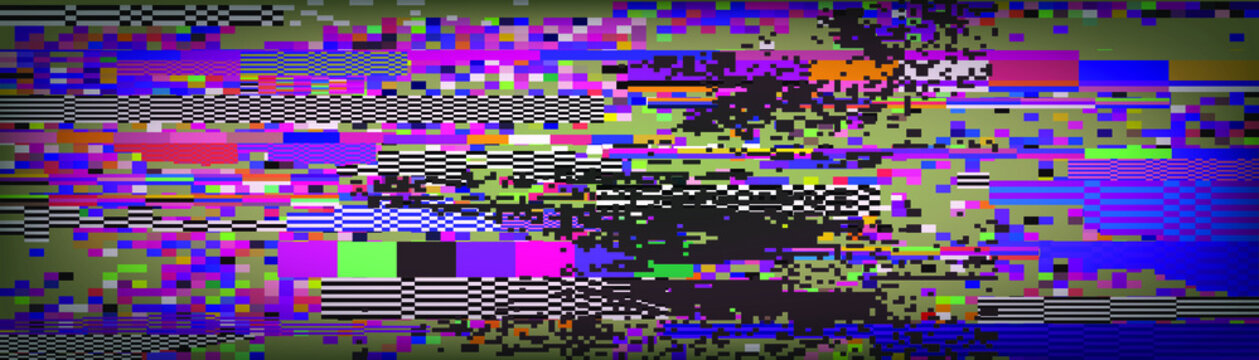 Glitch camera effect. Retro VHS background like in old video tape rewind or no signal TV screen. Vaporwave/ retrowave style vector illustration.