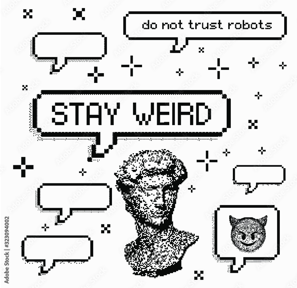Poster set of vector elements in pixel art style: speech bubbles, stars and sparkles, bust. vector illustra