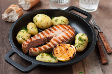 Grilled Wild Salmon Steak with Boiled Potatoes, Dill and Lemon