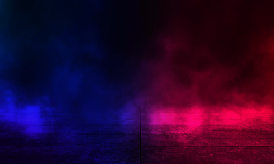 Wet asphalt, reflection of neon lights, a searchlight, smoke. Red and blue neon light. Abstract light in a dark empty street with smoke, smog. Dark background scene of empty street, night view, night 