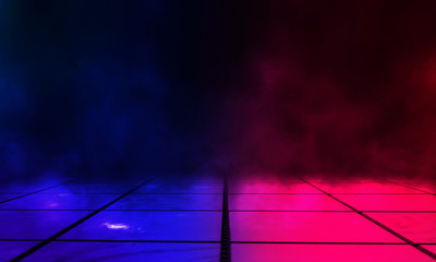 Wet asphalt, reflection of neon lights, a searchlight, smoke. Red and blue neon light. Abstract light in a dark empty street with smoke, smog. Dark background scene of empty street, night view, night 