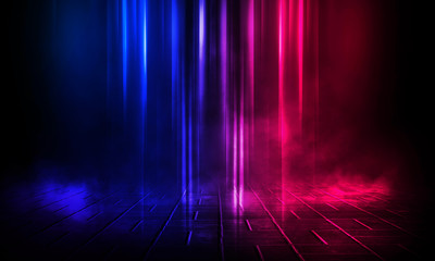 Wet asphalt, reflection of neon lights, a searchlight, smoke. Red and blue neon light. Abstract light in a dark empty street with smoke, smog. Dark background scene of empty street, night view, night 