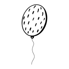 Digital illustration simple black doodle line balloon in a speckled rope. Print for cards, banners, posters, fabrics, web, paper, children and adult coloring books.
