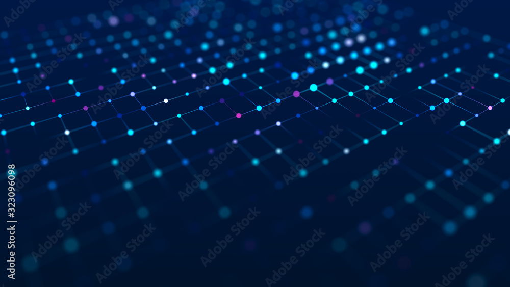 Fototapete Futuristic abstract mesh. Wave with the connection of dots and lines. 3D rendering.