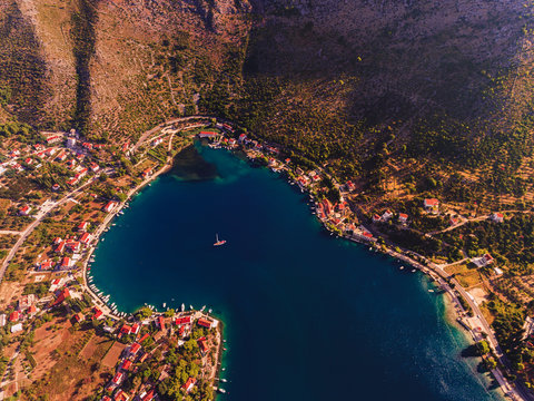 Panoramic aerial view over Zaton Bey during summer in Dubrovnik, Croatia