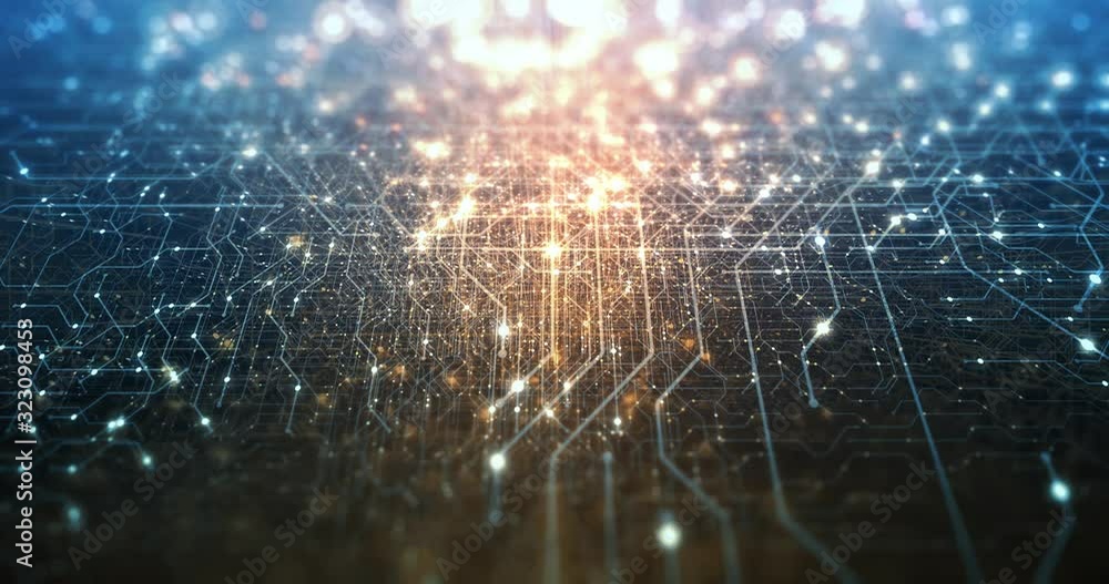 Poster abstract tech background made of printed circuit board. depth of field effect and bokeh. internet co