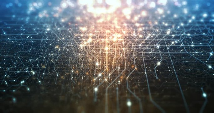 Abstract tech background made of printed circuit board. Depth of field effect and bokeh. internet connections, cloud computing and neural network, big data. 3D render, 4K seamless loop