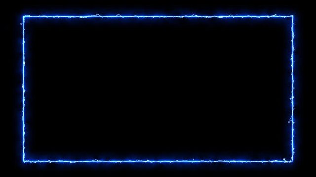 Empty frame with electric power round border glowing, burning flame sign. Blank rectangle fire with electric power around frame lights. The best stock of animation blue electric power round frame