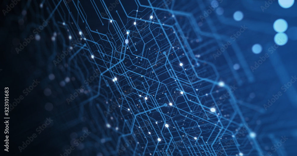 Poster Abstract Circuit board. Electronic computer hardware technology. Motherboard digital chip. Matrix particles grid virtual reality. Network communication processor. Information CPU engineering 3D render