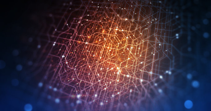 Abstract tech background made of printed circuit board. Depth of field effect and bokeh. internet connections, cloud computing and neural network, big data. 3D render