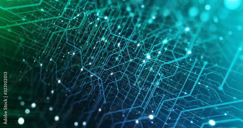 Poster abstract digital city. digital circuit board, motherboard, digital chip. digitalization of informati