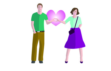 Man and a woman show their hearts with their hands. Love couple. Illustration in flat style. White isolated background