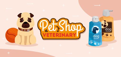 pet shop veterinary with cute dog and care bottles vector illustration design
