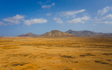 view of Tindaya Mountain in La Oliva, Fuerteventura, Canary Islands, Spain, Aerial panoramic drone view in october 2019