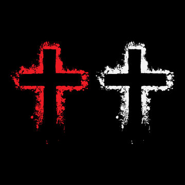 Vector christian cross symbol. Grunge illustration with tattoo styled blackwork technique.Red and White Cross on a black background