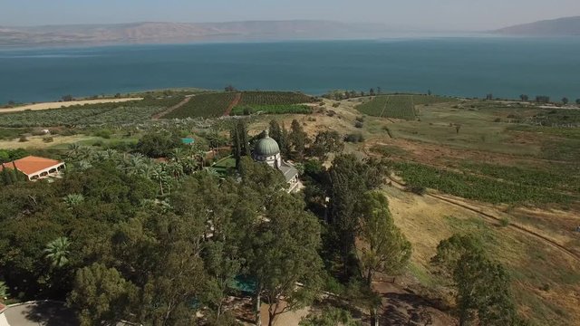 Aerial of Church of Beatitudes on the hill near the Sea of Galilee. DJI-0219-13
