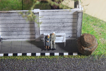 illustration photo for romantic memorable moment, Old Couple Mini figure Toy sit at white chair 