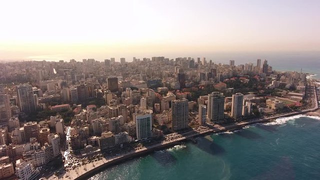 4K forward Aerial drone shot of Beirut skyline at sunrise, Aerial footage of Beirut city