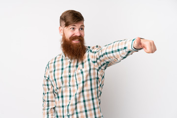 Redhead man with long beard over isolated white background giving a thumbs up gesture