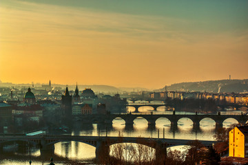 Prague bridges panorama during mist morning