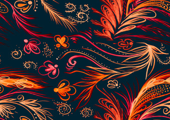 A seamless pattern of ethnic flowers, leaves, feathers and curls. 