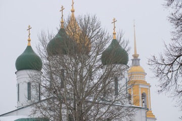 Assumption Cathedral And Bell Tower In Winter In Kolomna, Russia Close Up.