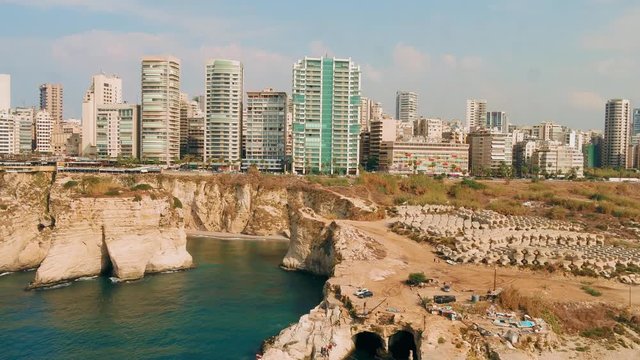 Roucheh rocks in Beirut, Lebanon in the sea in 4K quality , Pigeon Rocks in Mediterranean sea.
