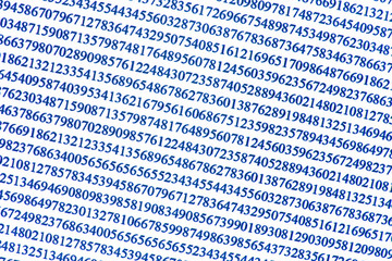 Blue random numbers isolated on white. Coding algorithm. Closeup pixel dots. Computer screen...