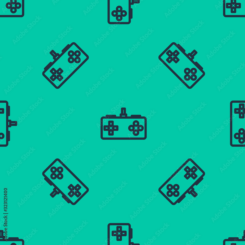 Poster blue line gamepad icon isolated seamless pattern on green background. game controller. vector illust
