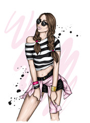 Beautiful girl in a stylish t-shirt and shorts. Summer clothes. Fashion & Style. Vector illustration for greeting card or poster. 