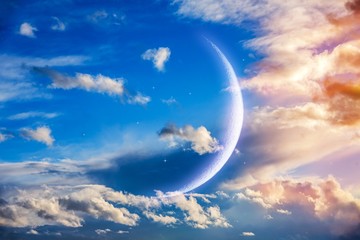Night sky, moon and stars. cloudy landscape. new moon  . Star sky with half-moon in picturesque clouds