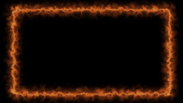 Empty frame with fire border glowing, burning flame signboard. Blank rectangle fire with flames around sign frame lights. The best footage stock of animation orange fire burning on black background