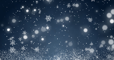 Snowflakes and bokeh lights on the blue Merry Christmas background. 3D rendering 3D illustration
