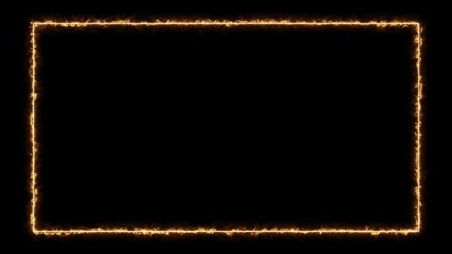 Empty frame with fire border glowing, burning flame signboard. Blank rectangle sign fire with flames around frame lights. The best stock of animation signboard orange fire burning on black background