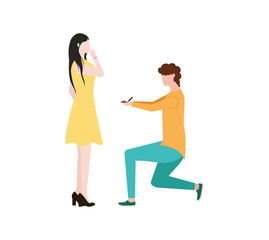 A man makes a marriage proposal to a woman. A man stands on one knee in front of a woman. The guy with the ring makes a marriage proposal