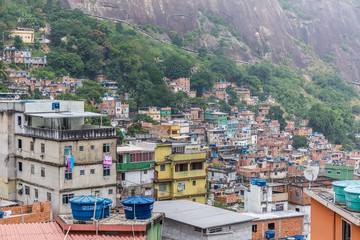 Rocinha favela, also known as a slum or shanty town, built on a steep hillside in the South Zone of Rio Di Janeiro, Brazil, South America