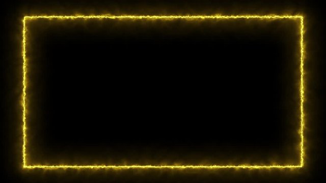 Empty frame with electric power round border glowing, burning flame sign. Blank rectangle fire with electric power around frame lights. The best stock of animation yellow electric power round frame
