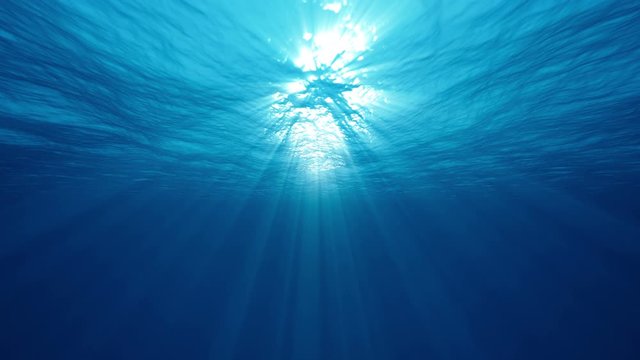 Underwater ocean waves deep blue ripple and flow with bright sun light rays. 4K seamless loop