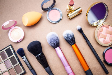 Makeup studio with all the accessories such as shadow palettes, concealers, makeups, eyeliners,...