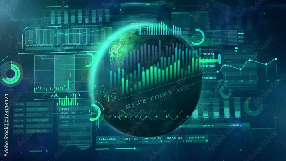 Poster arrays of analytic infographic on the background of the planet.